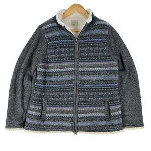 LL Bean Womens Lambswool Sherpa Lined Fair Isle Full Zip Sweater Jacket Grey L